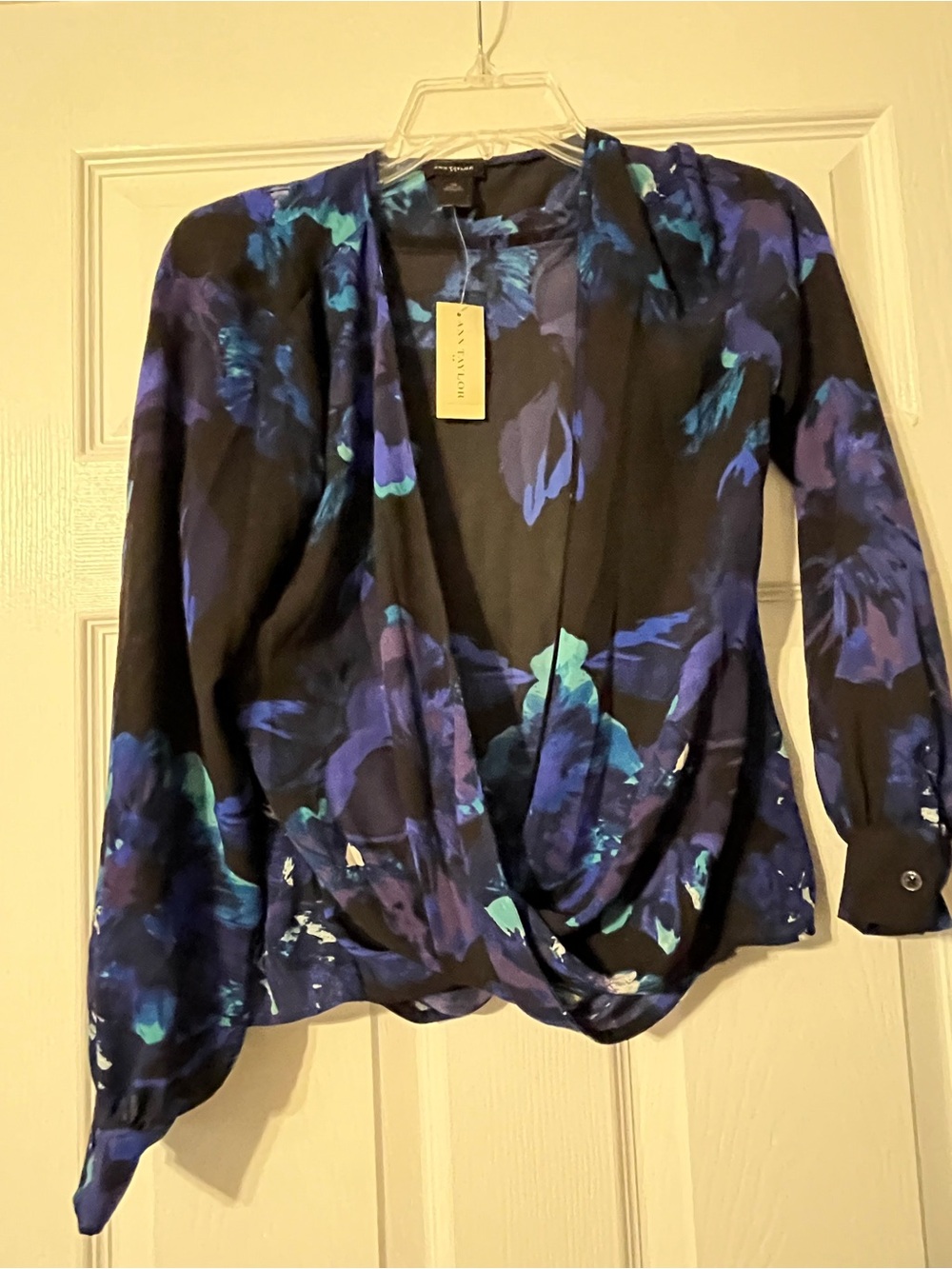 Ann Taylor Black Blouse with Blue & Teal Floral Print